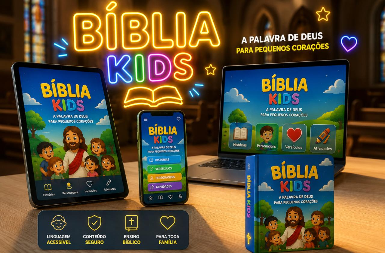 AlfaBíblia Kids — A Palavra de Deus para pequenos corações, exibida em tablet, celular, notebook e livro impresso