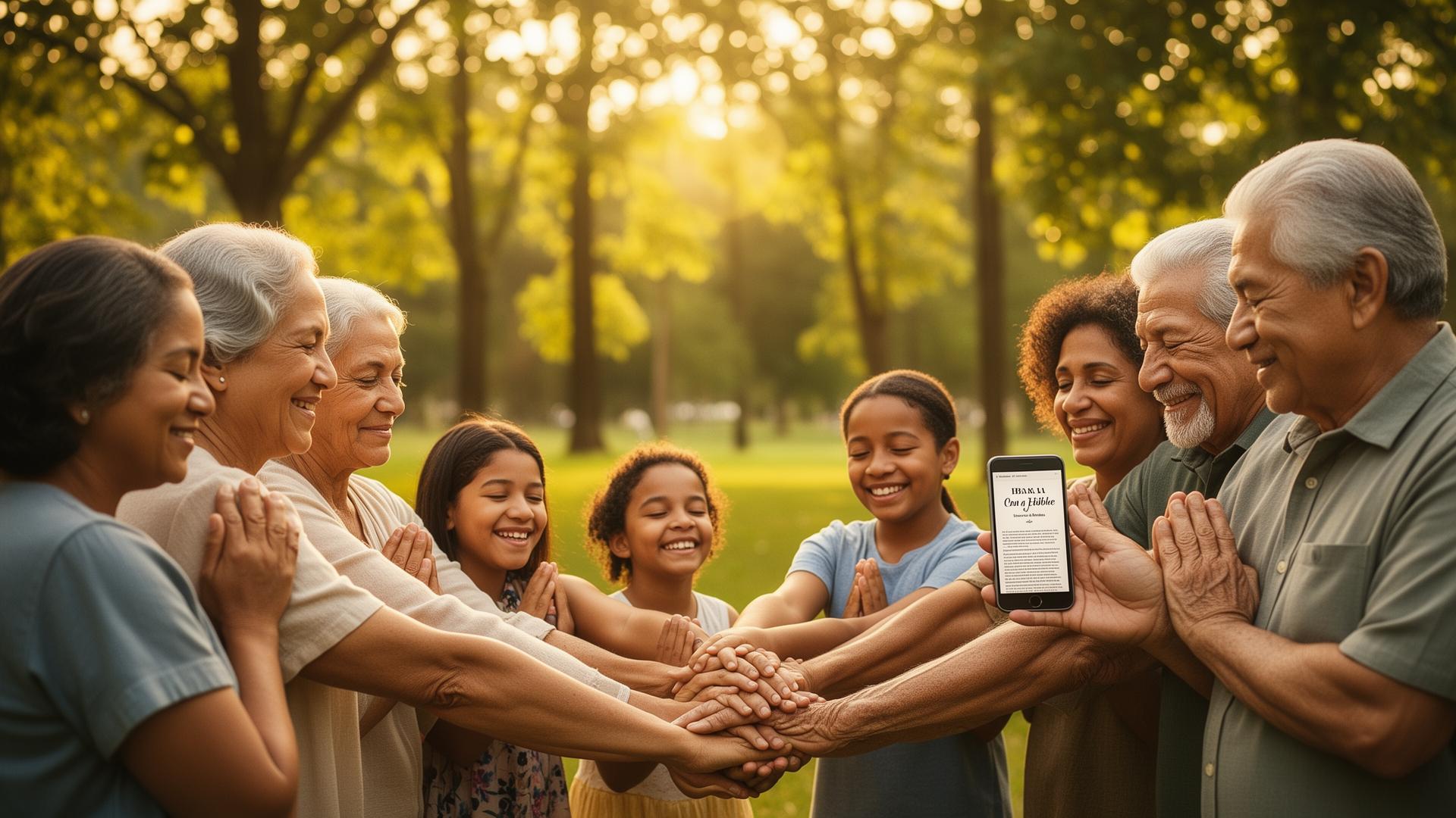 Família em oração com a Bíblia digital ao ar livre